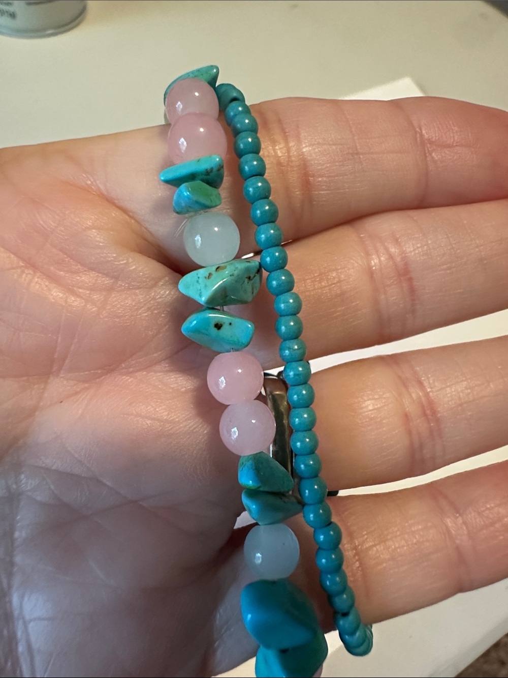 Handcrafted Turquoise & Pink quartz Beaded Stretch Bracelet Set